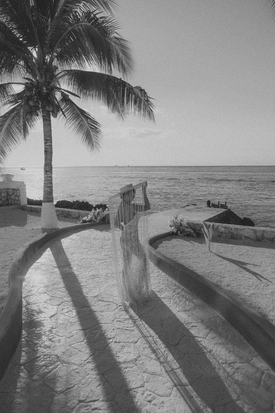 A bride on the terrace behind a fringed veil, in black and white